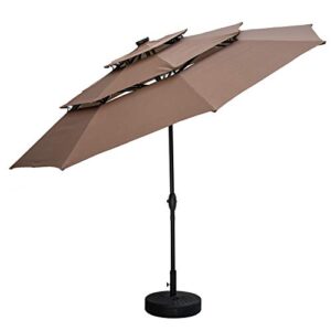 outdoor basic 10Ft 3 Tiers Vented Patio Umbrella Market Table Umbrella with Lights and Crank Handle with Auto-tilt Mechanism Coffee