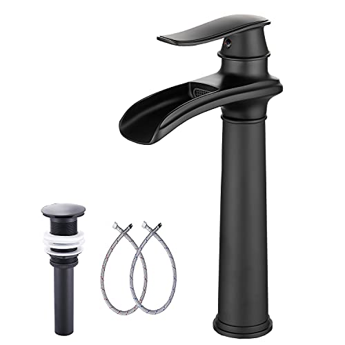 Black Bathroom Faucet GGStudy Single Handle One Hole Farmhouse Waterfall Bathroom Vessel Sink Faucet Matte Black Matching with Pop Up Drain