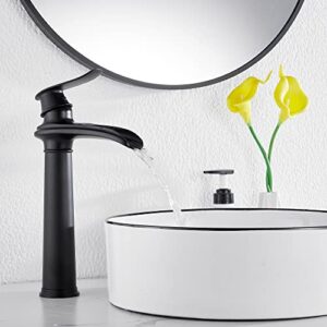Black Bathroom Faucet GGStudy Single Handle One Hole Farmhouse Waterfall Bathroom Vessel Sink Faucet Matte Black Matching with Pop Up Drain