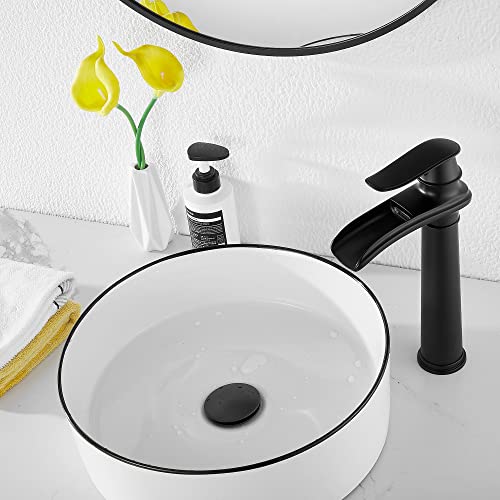 Black Bathroom Faucet GGStudy Single Handle One Hole Farmhouse Waterfall Bathroom Vessel Sink Faucet Matte Black Matching with Pop Up Drain