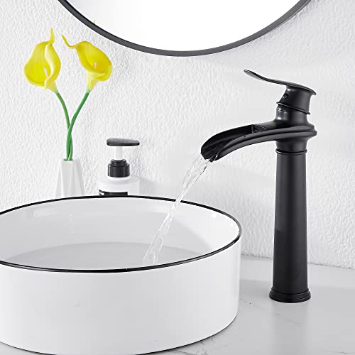 Black Bathroom Faucet GGStudy Single Handle One Hole Farmhouse Waterfall Bathroom Vessel Sink Faucet Matte Black Matching with Pop Up Drain