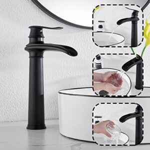 Black Bathroom Faucet GGStudy Single Handle One Hole Farmhouse Waterfall Bathroom Vessel Sink Faucet Matte Black Matching with Pop Up Drain