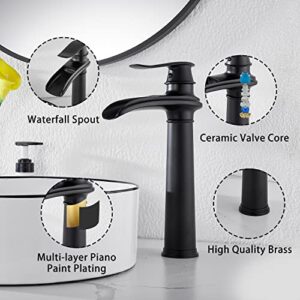 Black Bathroom Faucet GGStudy Single Handle One Hole Farmhouse Waterfall Bathroom Vessel Sink Faucet Matte Black Matching with Pop Up Drain