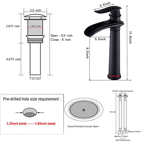 Black Bathroom Faucet GGStudy Single Handle One Hole Farmhouse Waterfall Bathroom Vessel Sink Faucet Matte Black Matching with Pop Up Drain