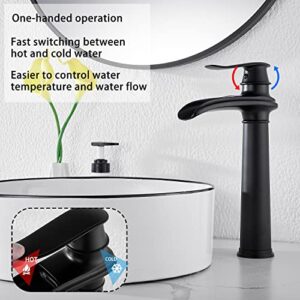 Black Bathroom Faucet GGStudy Single Handle One Hole Farmhouse Waterfall Bathroom Vessel Sink Faucet Matte Black Matching with Pop Up Drain