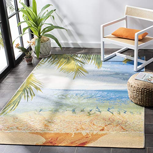 SAFAVIEH Barbados Collection Accent Rug - 4' x 6', Gold & Blue, Tropical Beach Design, Non-Shedding & Easy Care, Indoor/Outdoor & Washable-Ideal for Patio, Backyard, Mudroom (BAR515A)