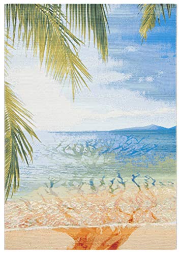 SAFAVIEH Barbados Collection Accent Rug - 4' x 6', Gold & Blue, Tropical Beach Design, Non-Shedding & Easy Care, Indoor/Outdoor & Washable-Ideal for Patio, Backyard, Mudroom (BAR515A)