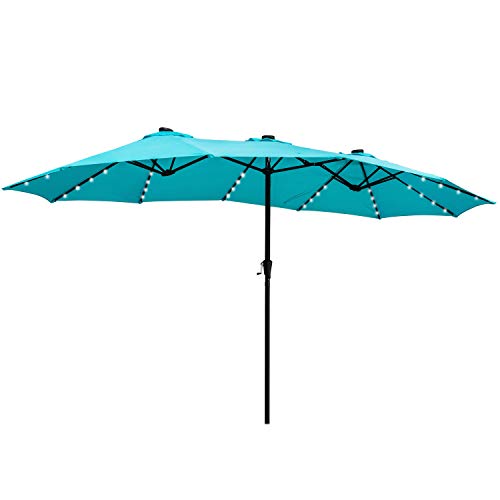 15Ft Lighted Patio Umbrella Extra Large Double Sided Market Table Umbrella with Lights & Crank Blue