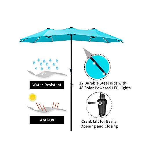 15Ft Lighted Patio Umbrella Extra Large Double Sided Market Table Umbrella with Lights & Crank Blue