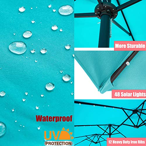 15Ft Lighted Patio Umbrella Extra Large Double Sided Market Table Umbrella with Lights & Crank Blue