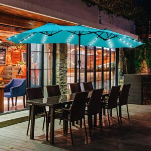 15Ft Lighted Patio Umbrella Extra Large Double Sided Market Table Umbrella with Lights & Crank Blue