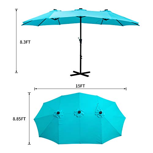 15Ft Lighted Patio Umbrella Extra Large Double Sided Market Table Umbrella with Lights & Crank Blue