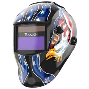 tooliom solar powered welding helmet auto darkening for tig mig arc welder mask with adjustable shade range 4/9-13 blue eagle design