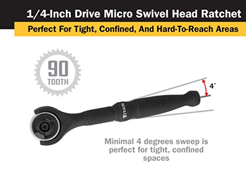 Titan 11313 1/4-Inch Drive x 4-Inch 90-Tooth Swivel Head Micro Ratchet - Black, Factory