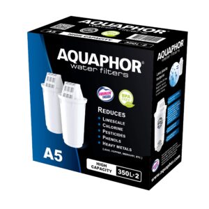aquaphor replacement water cartridges, fits all a5 jugs, 2 pack, each filter lasts up to 350 litres, plastic, white