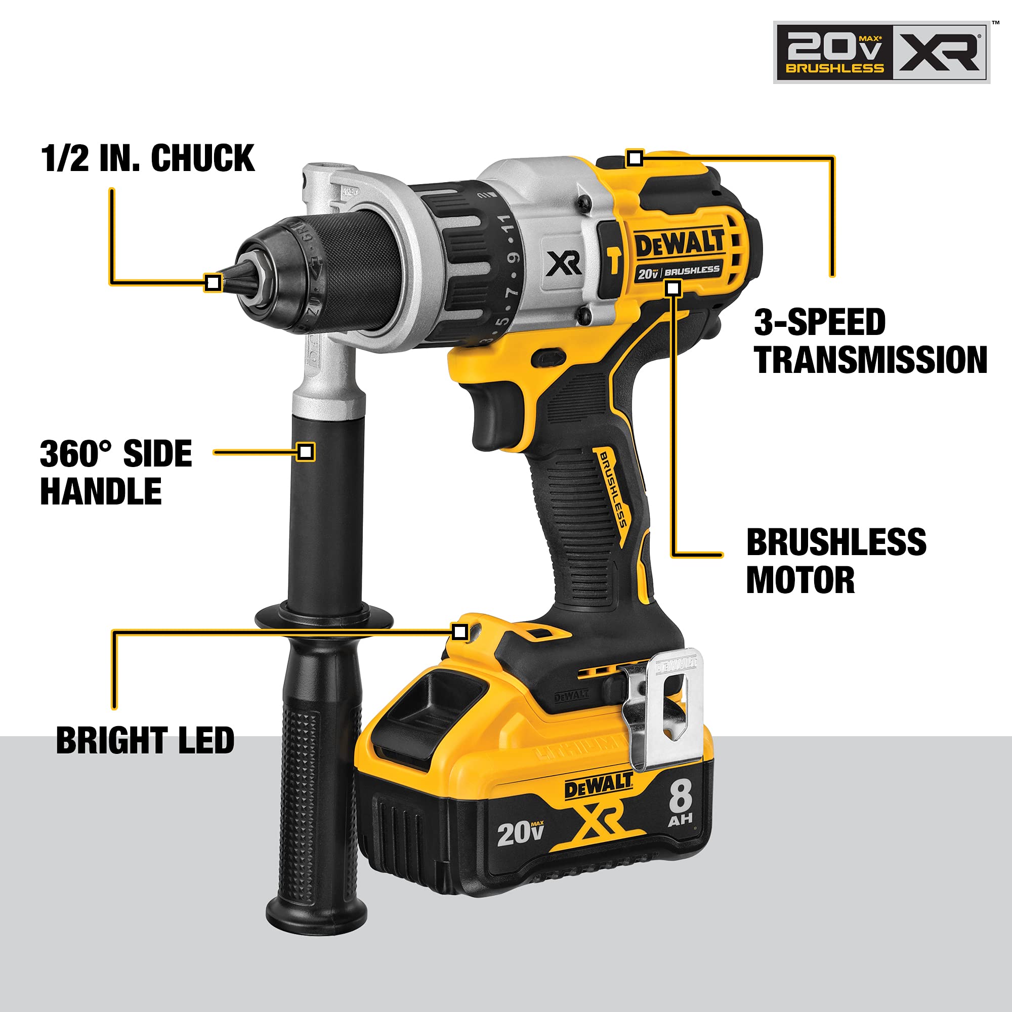 DEWALT 20V MAX XR Hammer Drill/Driver Combination Kit with Power Detect Tool Technology, 1/2 Inch, Battery and Charger Included (DCD998W1)