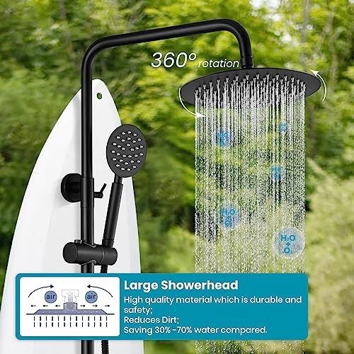 gotonovo SUS304 Outdoor Shower Fixture System Combo Faucet Set Single Handle High Pressure Hand Spray Wall Mount 2 Dual Function Matte Black Rainfall Shower Fixture