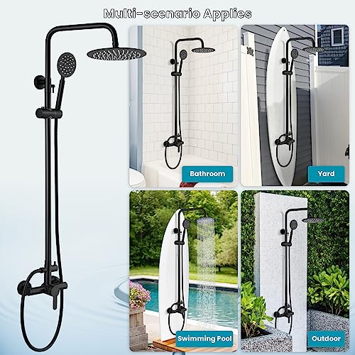 gotonovo SUS304 Outdoor Shower Fixture System Combo Faucet Set Single Handle High Pressure Hand Spray Wall Mount 2 Dual Function Matte Black Rainfall Shower Fixture