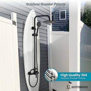 gotonovo SUS304 Outdoor Shower Fixture System Combo Faucet Set Single Handle High Pressure Hand Spray Wall Mount 2 Dual Function Matte Black Rainfall Shower Fixture