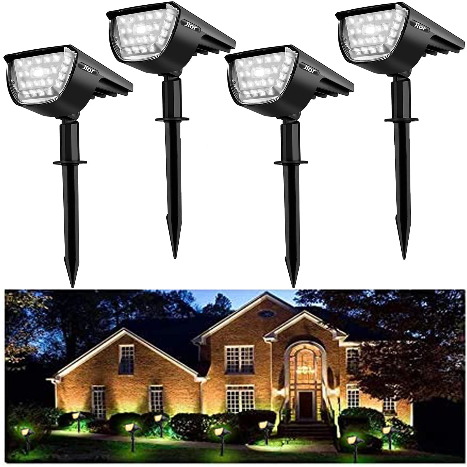 Jior Solar Landscape SpotLights Outdoor 32 LED IP65 Waterproof Solar Powered Wall Lights 2-in-1 Adjustable Lights for Garden Yard Driveway Walkway Pool Patio 4 Pack (Cold White)