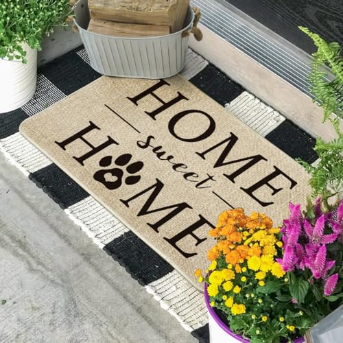 Artoid Mode Home Sweet Home Cute Dog Paw Footprints Plum Print Decorative Doormat, Pet Dog Cat Low-Profile Floor Mat Switch Mat for Indoor Outdoor 17 x 29 Inch