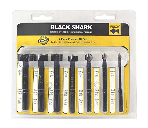 Fisch FSA-367192 7 Piece Black Shark Forstner Drill Bit Set Blister Pack Includes Bits from 1/4-inch up to 1-inch Diameter, Forged Steel, Made in Austria