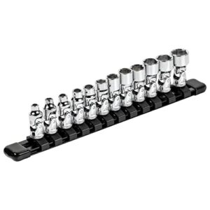 ares 39009-12-piece 1/4-inch drive metric flex socket set - 6 point sockets constructed from premium heat treated chrome vanadium steel - storage rail included