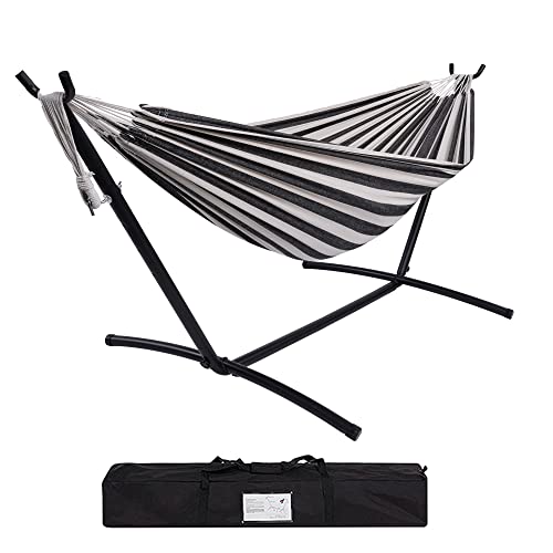 Prime Garden Cotton Rope Hammock with Space Saving Steel Hammock Stand, 2 Person Double Freestanding Hammock with Carry Bag for Outdoor Patio Yard Backyard 450 lb Capacity (Black Stripe)