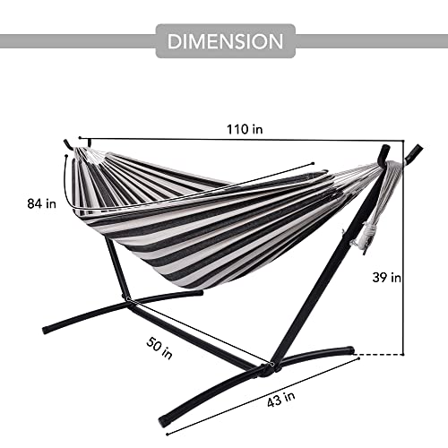 Prime Garden Cotton Rope Hammock with Space Saving Steel Hammock Stand, 2 Person Double Freestanding Hammock with Carry Bag for Outdoor Patio Yard Backyard 450 lb Capacity (Black Stripe)