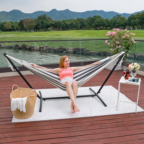 Prime Garden Cotton Rope Hammock with Space Saving Steel Hammock Stand, 2 Person Double Freestanding Hammock with Carry Bag for Outdoor Patio Yard Backyard 450 lb Capacity (Black Stripe)