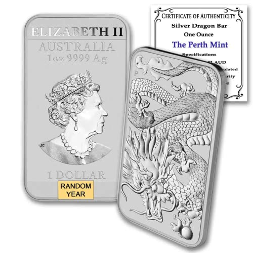 2018 - Present (Random Year) P Lot of (10) 1 oz Silver Bars Australia Perth Mint Dragon Series Rectangular Coins Brilliant Uncirculated with Certificates of Authenticity $1 BU