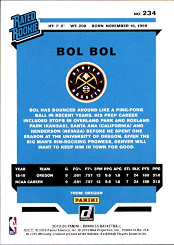 2019-20 Donruss Basketball #234 Bol Bol Denver Nuggets RC Rated Rookie Official NBA Trading Card by Panini America