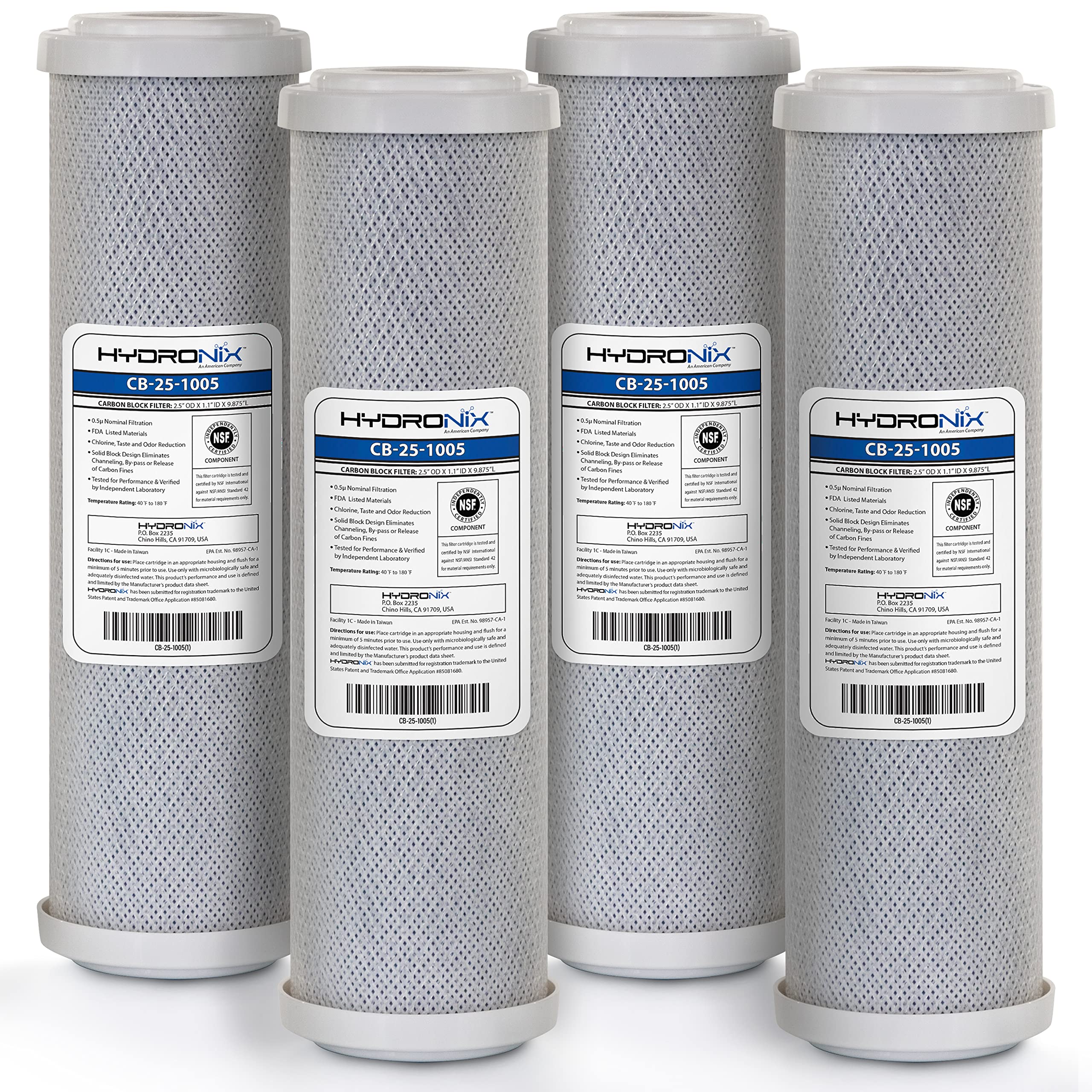 Hydronix 4 Pack Carbon Block Water Filters Coconut Shell CTO for Whole House, RO, DI, Hydroponics - 10" x 2.5", 5 Micron