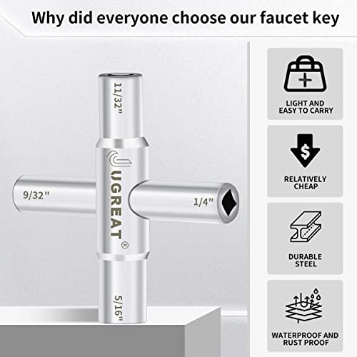 JUGREAT 4 Way Sillcock Water Key,Steel Multi-Function Utility Key For Faucet, Spigots,Valves (1Pack)