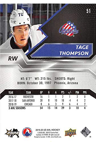 2019-20 Upper Deck AHL #51 Tage Thompson RC Rookie Rochester Americans Hockey Trading Card