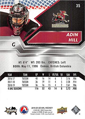 2019-20 Upper Deck AHL #35 Adin Hill RC Rookie Tucson Roadrunners Hockey Trading Card