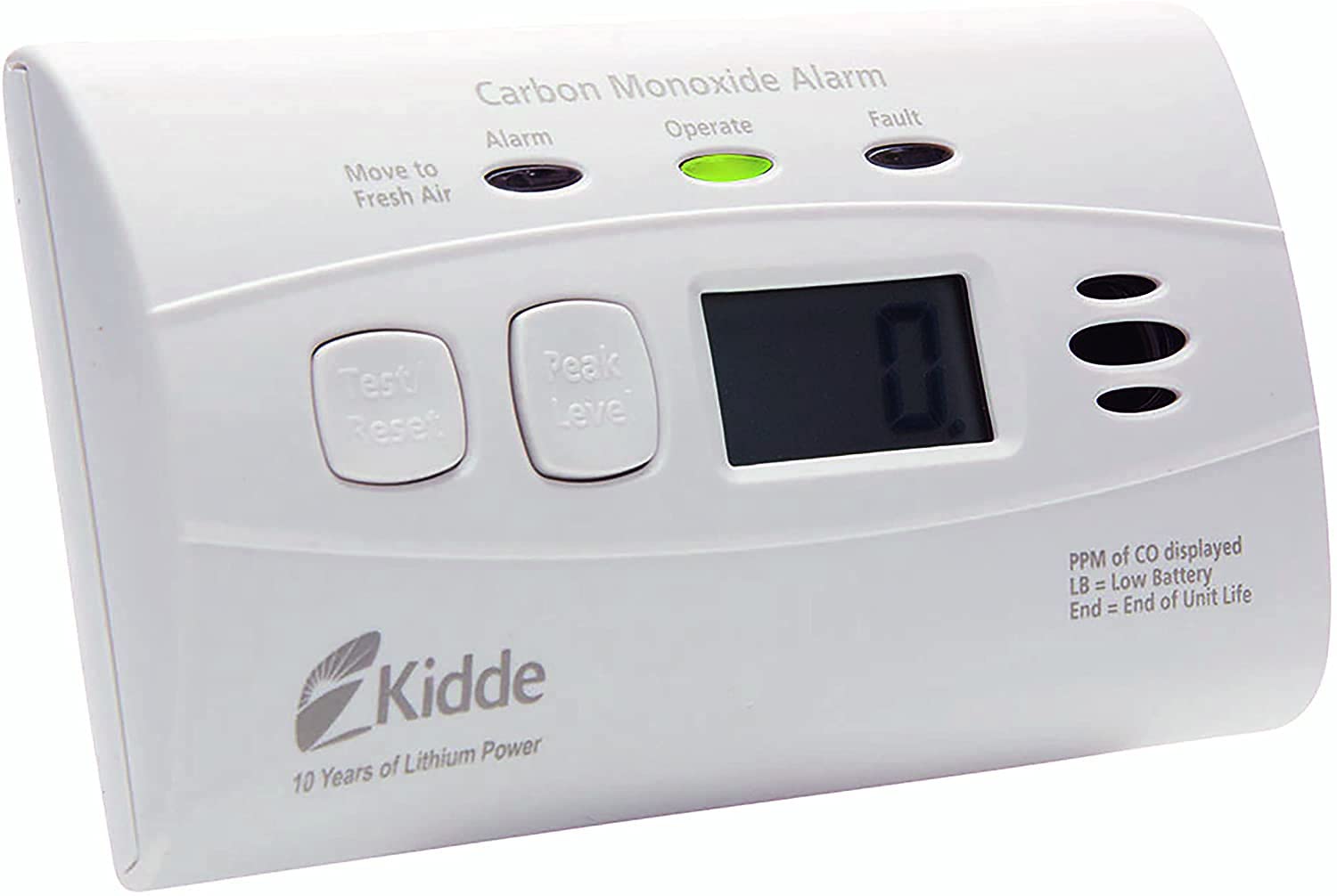 Kidde Carbon Monoxide Detector with 10-Year Battery, Digital Display, 3 LEDs, Replacement Indicator, Peak Level Memory