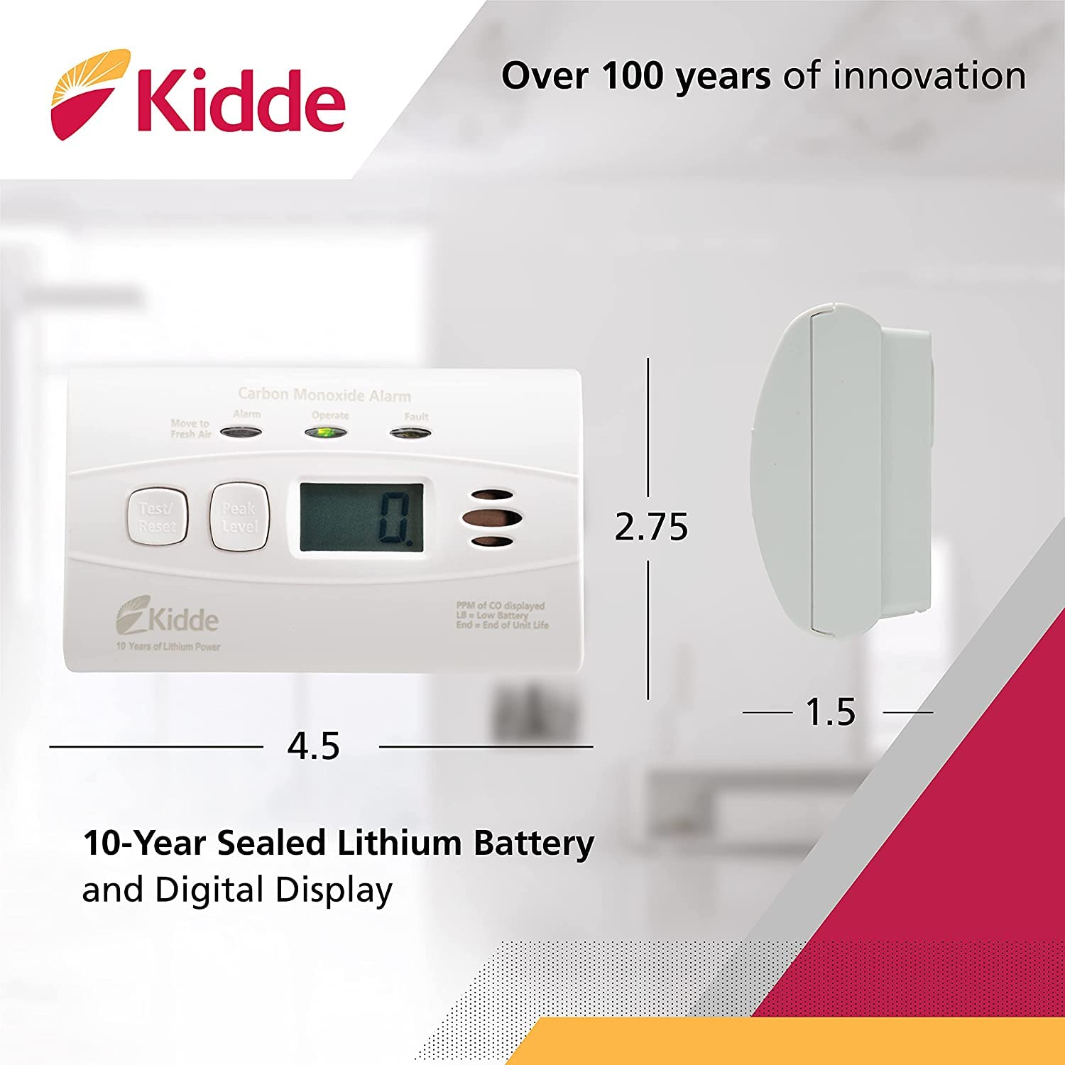 Kidde Carbon Monoxide Detector with 10-Year Battery, Digital Display, 3 LEDs, Replacement Indicator, Peak Level Memory