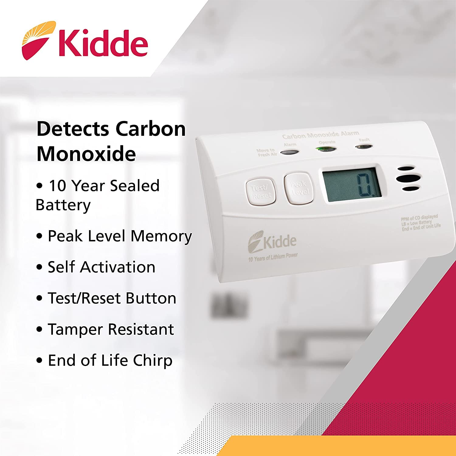 Kidde Carbon Monoxide Detector with 10-Year Battery, Digital Display, 3 LEDs, Replacement Indicator, Peak Level Memory