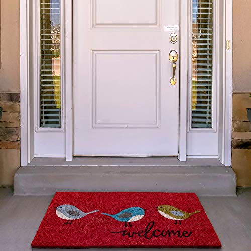 Bonletti Coir Door Mat with Attractive Bird Design for Outdoor Entrance - Cute 18"X30" Three Birds Doormat