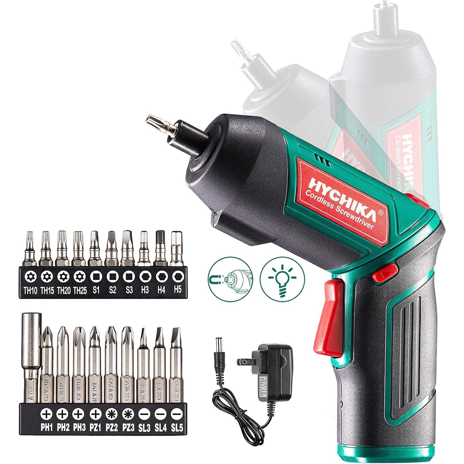 Cordless Screwdriver 6 N.m, HYCHIKA 4V 2000mAh Electric Screwdriver Gun, Adjustable 2 Position Handles, Front LED, DC Charging, 20pcs Accessories