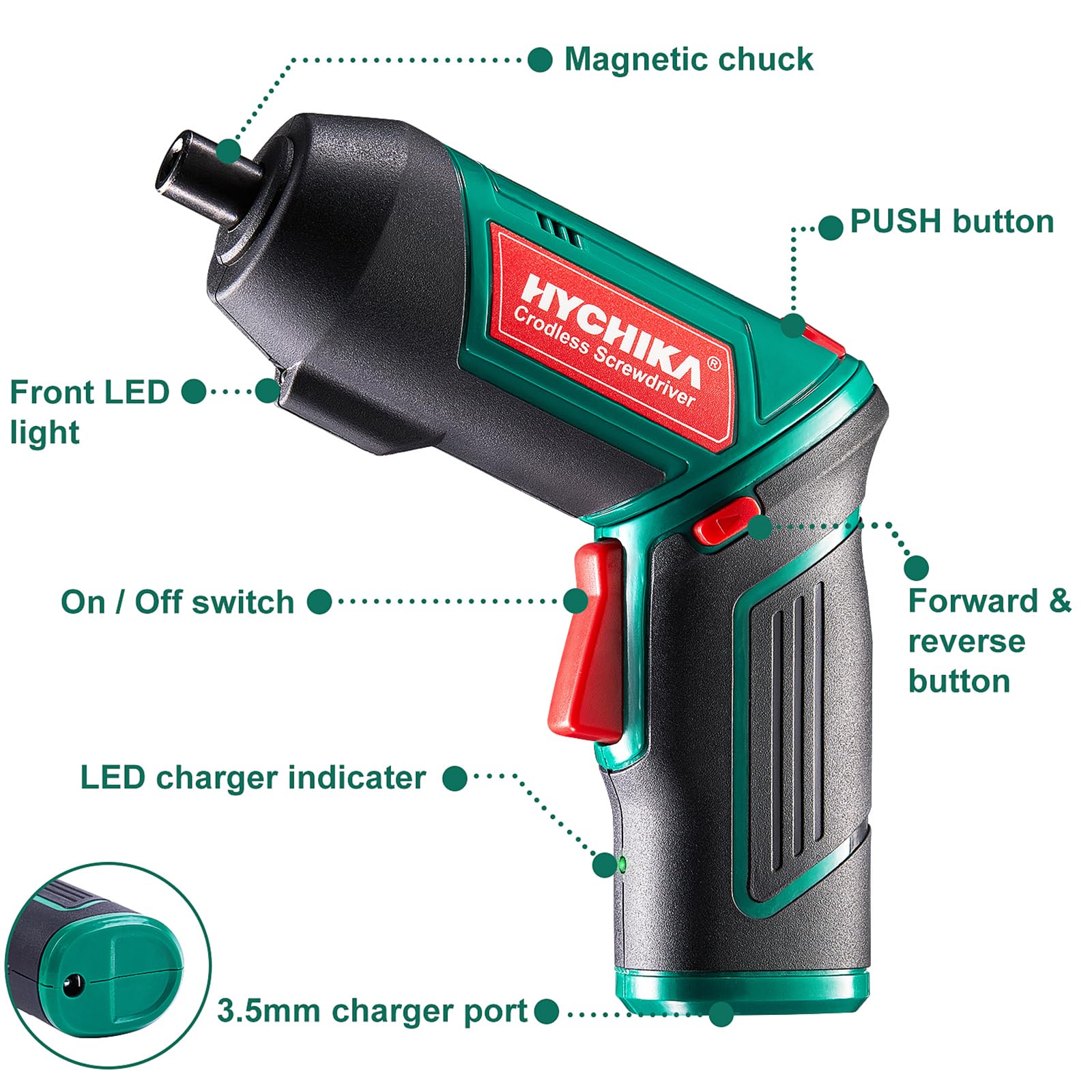 Cordless Screwdriver 6 N.m, HYCHIKA 4V 2000mAh Electric Screwdriver Gun, Adjustable 2 Position Handles, Front LED, DC Charging, 20pcs Accessories