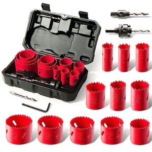 bi-metal hole saw kit, hychika 17 pcs high speed steel 3/4" to 2-1/2" hole saw set in case with mandrels, hole saw bit, hole saw for thin metal, hard wood, drilling pvc board, and plastic plate