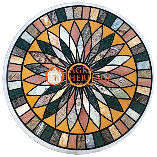 Marble Round Dining Table Top Handicraft Inlay Geometric Design Center Furniutre Hallway Decor | 41" Inches