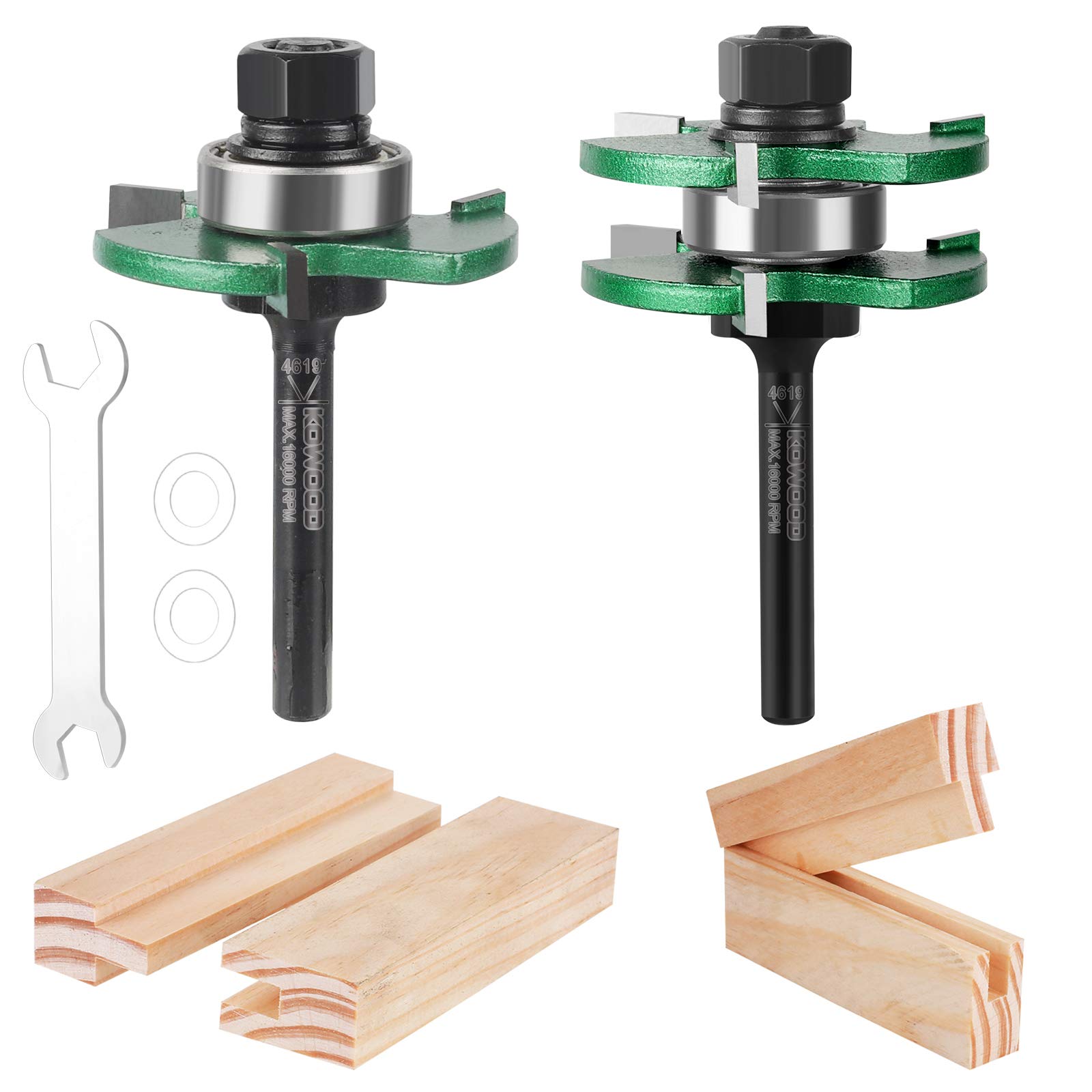 KOWOOD Pro Tongue and Groove Set of 2 Pieces 1/4 Inch Shank Router Bit Set 3 Teeth Adjustable T Shape Wood Milling Cutter