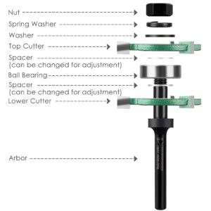 KOWOOD Pro Tongue and Groove Set of 2 Pieces 1/4 Inch Shank Router Bit Set 3 Teeth Adjustable T Shape Wood Milling Cutter