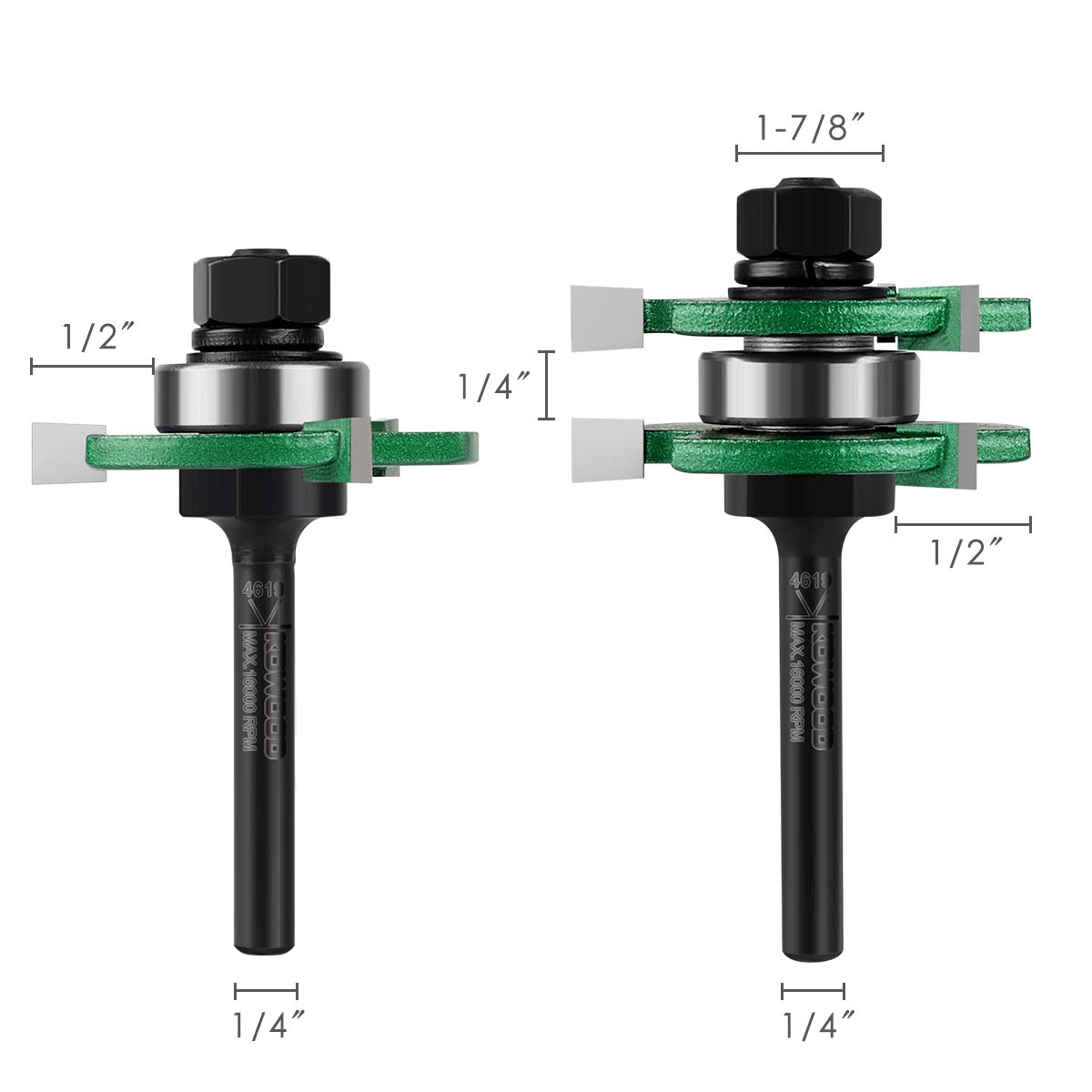 KOWOOD Pro Tongue and Groove Set of 2 Pieces 1/4 Inch Shank Router Bit Set 3 Teeth Adjustable T Shape Wood Milling Cutter