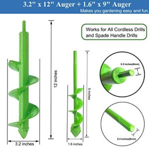 Garden Auger Spiral Drill Bit for Planting, Bulb Planter Tool Drill, Auger Post Hole Digger, Used to Dirt/Hard Soil/Clay for 3/8" Hex Driver Drill, 2 Sizes of 12 in x 3.2 in and 9 in x 1.6 in