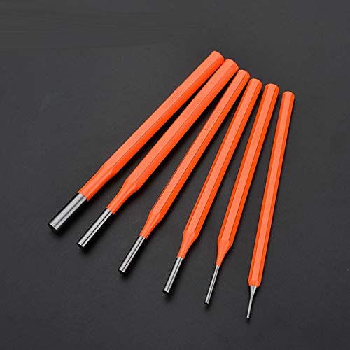 Edward Tools 6 Piece Pin Punch Set for Gunsmith, Mechanic, Metal Stamping - Heavy Duty Chrome Steel for Punching out Pins and Dowels - High visibility Orange