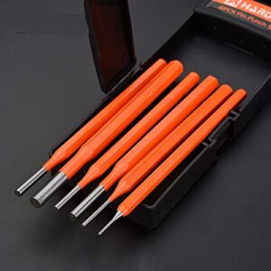 Edward Tools 6 Piece Pin Punch Set for Gunsmith, Mechanic, Metal Stamping - Heavy Duty Chrome Steel for Punching out Pins and Dowels - High visibility Orange